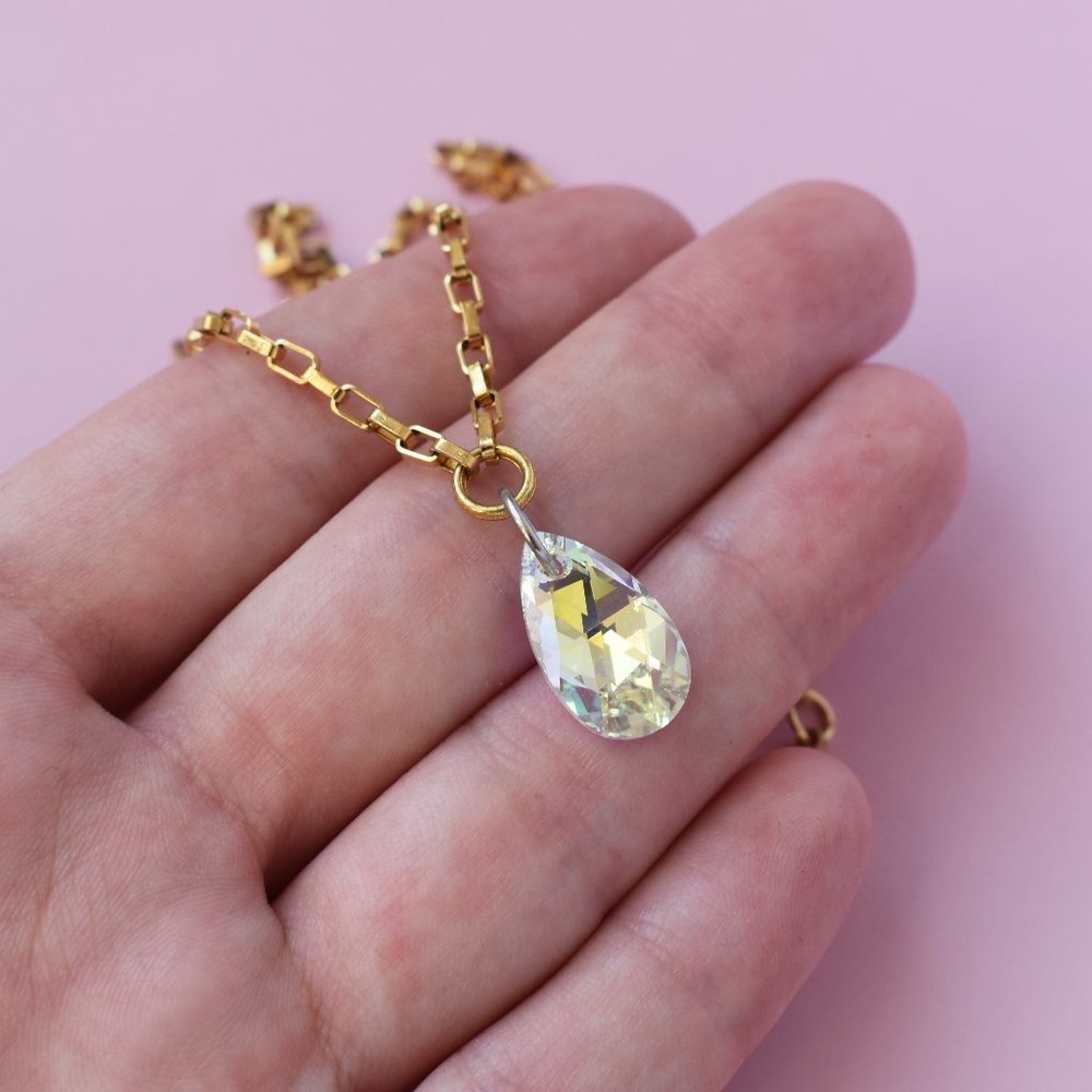 Crystal drop box chain necklace, Swarovski crystal dangle necklace
